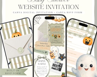 May include: A digital baby shower invitation set featuring a Halloween theme with ghosts, pumpkins, and bats. The design includes a website invitation, an RSVP form, and a registry link, all displayed on smartphone screens with a sage green striped background.