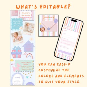 May include: A digital birthday invitation template set featuring pastel striped backgrounds, baby photos, and RSVP forms displayed on a smartphone. The design includes text like Jessica's First Birthday, Wish List, and Little One's Sizes with customizable elements.