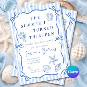 May include: A rectangular birthday invitation card with a light blue and white vertical striped border. The text reads THE SUMMER I TURNED THIRTEEN, Saturday June 27th 2:00 PM, JOIN US TO CELEBRATE Jessica's Birthday, Blue Ocean Cafe, 123 Beach side st, Wonderful City, Rsvp to Mom at 123-456-789. The card features blue line art of seashells and a starfish.