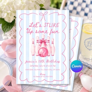 May include: A rectangular birthday invitation card with light blue vertical stripes and a pink scalloped border. The text reads Let's STLIKE Up some fun, jessica's 15th Birthday, Saturday July 18 at 2:00 Pm, PINK BOWL 123 Pink St, Coast City, CA 12345, RSVP to Emma at 123 456 7890. It features a watercolour illustration of pink bowling pins and a pink bowling ball with a bow.