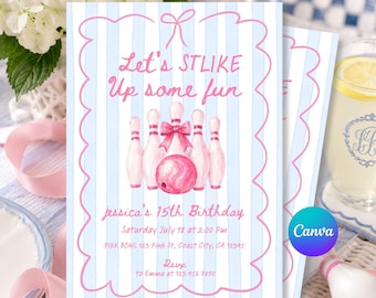 Bowling Party Invitation, Strike Up Some Fun, Preppy Pink Birthday Invite, Editable Canva Template