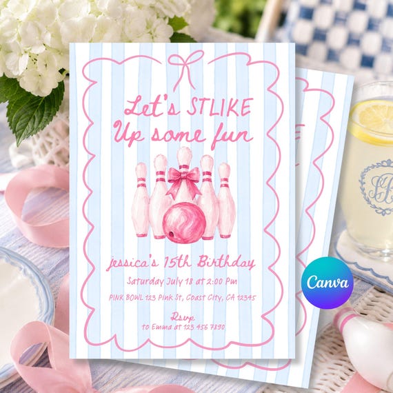 Bowling Party Invitation, Strike Up Some Fun, Preppy Pink Birthday Invite, Editable Canva Template