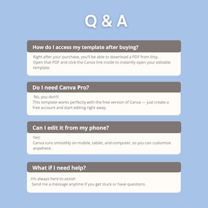 May include: A Q & A informational graphic on a light blue background featuring four dark gray rectangular headers with white text. The questions address accessing a template, Canva Pro requirements, mobile editing capabilities, and customer support.