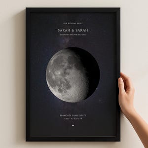 Può includere: Stampa incorniciata con un'immagine dettagliata della luna su uno sfondo di cielo stellato. Il testo in alto recita "OUR WEDDING NIGHT" e i nomi "SARAH & SARAH". Viene visualizzata anche la data "SATURDAY THE 4TH JULY 2022".