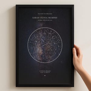 May include: A framed print featuring a star map, with the text "THE NIGHT YOU WERE BORN" at the top. The name "SARAH OLIVIA MURPHY" and the date "SATURDAY THE 10TH JULY 2021" are displayed. The location is "COTSWOLDS, ENGLAND".