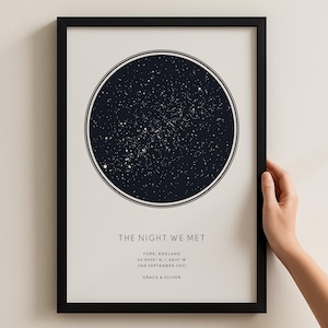 Könnte beinhalten: Gerahmter Druck mit einer dunkelblauen, kreisförmigen Sternenkarte auf cremefarbenem Hintergrund. Der Text "THE NIGHT WE MET" und Ortsangaben sind enthalten. Der schwarze Rahmen verleiht einen stilvollen Look.
