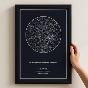 May include: A framed print with a white star map on a dark blue background. The text "WE MET AND LIFE BECAME AN ADVENTURE" is at the bottom, along with names and a date. The print is held by a person.