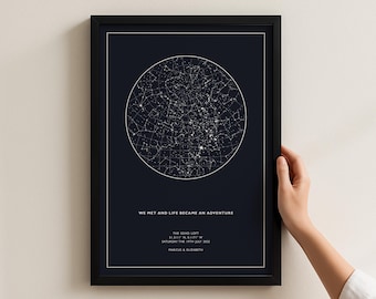 Mapa estelar personalizado: personalizado con tus datos y texto. Un regalo con significado, disponible en versión impresa, enmarcada o digital.