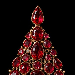 Puede incluir: Broche con forma de árbol de Navidad compuesto por numerosas piedras preciosas rojas engastadas en un marco de filigrana dorada. Las piedras preciosas varían en tamaño y forma, con una gran gema en forma de lágrima en la parte superior. El fondo es negro.