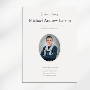 May include: A memorial card with the text "In Loving Memory" and "Michael Andrew Larson." The card includes a photo of a man and service information: Saturday, July 13, 2025, 2:00 PM, Grace Lutheran Church, Minneapolis, Minnesota.