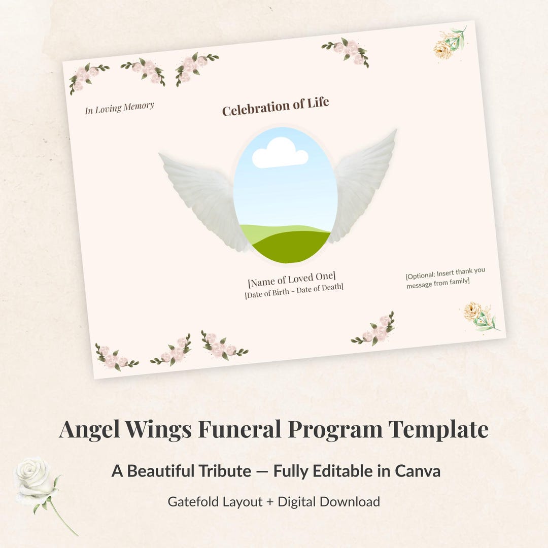 Angel Wings Funeral Program – Gatefold Canva Template (5 Sizes Included