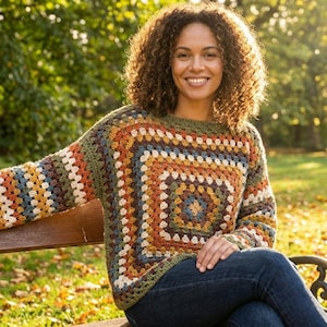 Crochet Sweater Pattern, Granny Square Pullover PDF, Striped Crochet Jumper, Oversized Sweater, Side Split, DE, EN