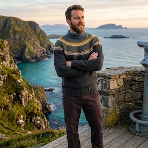 Mens Nordic Knit Sweater Pattern Top Down, Round Yoke Jumper PDF, Double Neck Collar, Scandinavian Knitwear S-XXXL