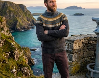 Mens Nordic Knit Sweater Pattern Top Down, Round Yoke Jumper PDF, Double Neck Collar, Scandinavian Knitwear S-XXXL
