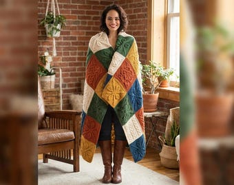 Leaf Squares Afghan Knitting Pattern PDF, Knit Blanket Pattern, Patchwork Leaf Throw, Cozy Home Decor, DIY Knit Blanket
