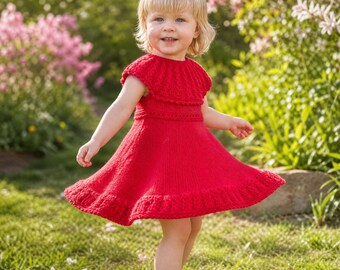 Red Baby Girl Dress Knitting Pattern PDF | Toddler & Kids Knit Dress | Cotton Merino | Sizes 1/3 Months–5/6 Years