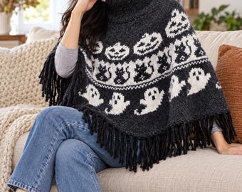 Halloween Poncho Knitting Pattern, Ghost Pumpkin Sweater Cape, Spooky Fall Knitwear PDF