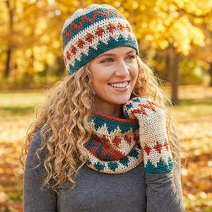 Crochet Hat Neck Warmer and Mittens Pattern PDF, Multicolor Crochet Set, Beanie Cowl Gloves, Winter Accessories, Instant Download