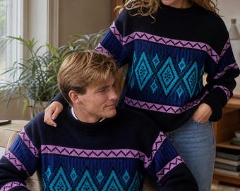 Nordic Diamond Pattern Sweater | Navy Blue Fair Isle Jumper | Purple Turquoise & Bright Blue Knit Sweater | Unisex Handmade Style