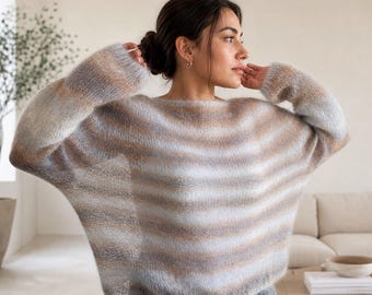 Olga Sweater Knitting Pattern PDF | Easy Oversized Mohair Sweater | Beginner Friendly Knit Pattern | Cozy Striped Jumper Tutorial