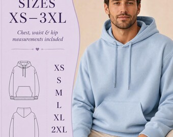 Hoodie Sewing Pattern PDF Pullover Hoodie Pattern Kangaroo Pocket Digital Sewing Pattern XS-3XL A4 US Letter A0