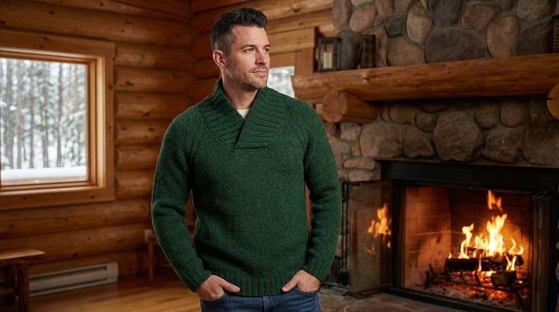 May include: A man wearing a dark green sweater with a shawl collar. The sweater is a solid color and appears to be made of a knit material. The background includes a fireplace with a lit fire and a wooden cabin interior.