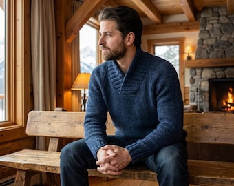 Mens Knitted Sweater Pattern Raglan, Shawl Collar Knit Jumper PDF, Cozy Winter Sweater, Seamless Knitwear S-XXXL