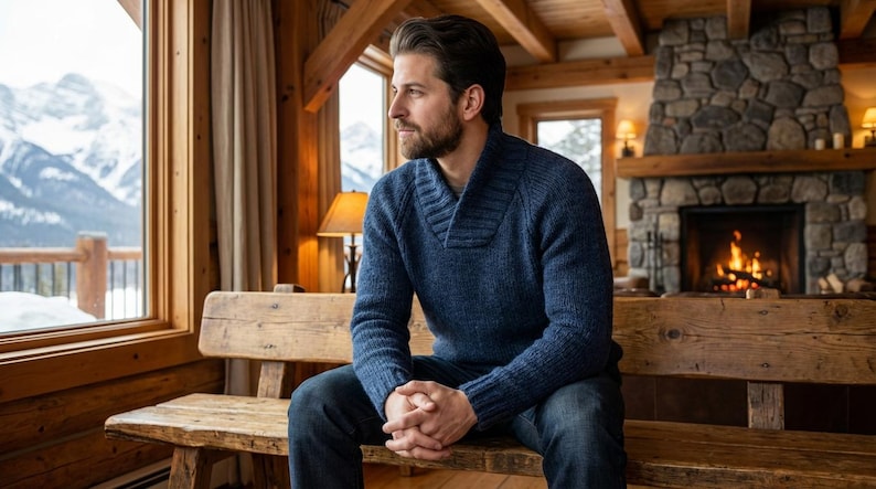 May include: A man wearing a blue sweater and jeans sits on a wooden bench near a window overlooking a snowy mountain range. A fireplace with a burning fire is in the background.