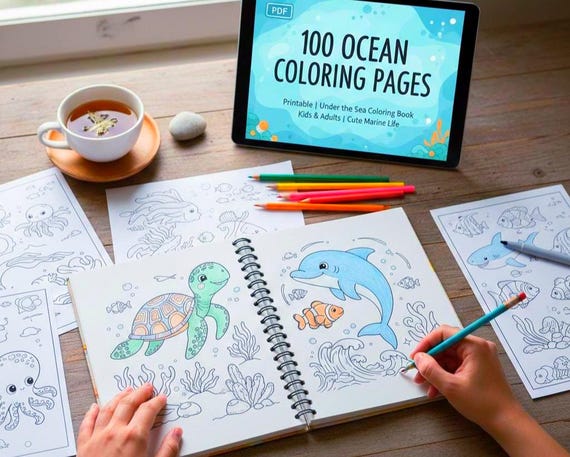 100 Ocean Coloring Pages Printable | Under the Sea Coloring Book Kids Adults | Cute Marine Life PDF | Sea Turtle Dolphin Fish | Relaxation
