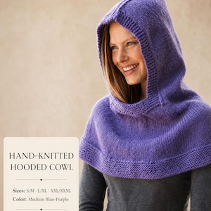 May include: A medium blue-purple hand-knitted hooded cowl featuring a ribbed trim around the face opening and a textured knit pattern. The text on the image reads: HAND-KNITTED HOODED COWL, Sizes: S/M - L/XL - XXL/XXXL, Color: Medium Blue-Purple, Cozy handmade knitwear.