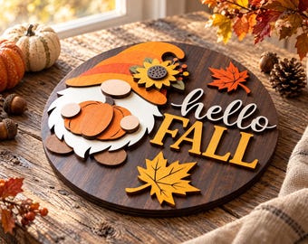 Hello Fall SVG, Cute Ghost Pumpkin Laser Cut File, Autumn Wood Sign, Layered Fall Decor, Halloween SVG, Glowforge Cricut Files