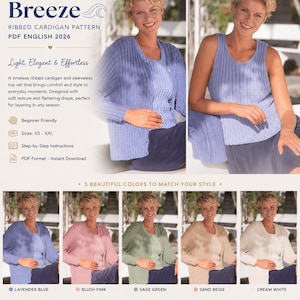 Puede incluir: Un conjunto de cárdigan y top sin mangas de canalé azul claro. La imagen muestra a una mujer que lleva el conjunto, con el texto "Coastal Breeze" y "Ribbed Cardigan Pattern" en la parte superior. El patrón está disponible en tallas XS-XXL y en formato PDF.