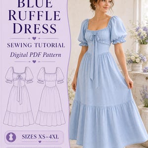 May include: A light blue dress with puff sleeves, a square neckline, and a ruffled hem. The image includes text: BLUE RUFFLE DRESS SEWING TUTORIAL Digital PDF Pattern, SIZES XS-4XL, BUST 30-44 IN, and line drawings of the dress front and back.