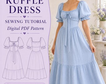 Romantic Puff Sleeve Dress Sewing Pattern Ruffle Midi Dress PDF Pattern Front Bow Tie Dress Pattern Women’s Sewing Pattern XS-4XL