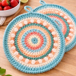 Easter Crochet Potholder Pattern Round, Striped Bobble Hot Pad PDF, Crochet Kitchen Decor, Spring Crochet Pattern