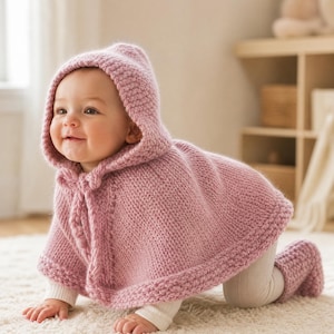 Puede incluir: Un poncho con capucha tejido en color rosa empolvado, que presenta un borde grueso en punto bobo a lo largo del dobladillo y la abertura de la capucha, con un sencillo cierre de lazo en el cuello. La prenda está hecha de lana gruesa.