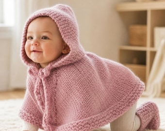 Baby Knitted Poncho Booties Pattern | Hooded Baby Cape & Matching Booties | PDF Knitting Pattern | Newborn to 3/4 Years