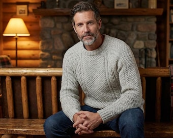 Mens Cable Knit Jumper Pattern, Raglan Sweater Knit PDF, Folded Neck Collar, Cozy Winter Sweater Pattern