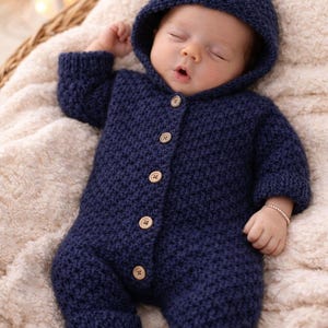 Knitted Baby Suit Pattern PDF – Textured Hooded Romper – Premature to 4 Years – Instant Download