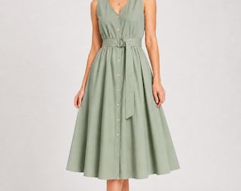 Blue Midi Dress for Women, Sleeveless V Neck Button Front Dress, Tie Waist A Line Summer Dress, Elegant Casual Women's Dress
