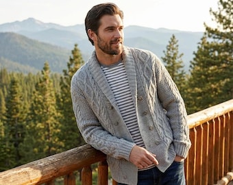 Mens Knitted Jacket Pattern, Cable Knit Cardigan PDF, Shawl Collar Sweater, Cozy Winter Knitwear S-XXXL