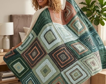 Knitted Blanket with Squares Pattern PDF, Patchwork Knit Blanket, Square Afghan Pattern, Easy Knitting Blanket DIY, Cozy Throw Pattern