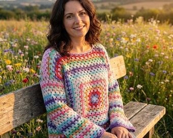 Modèle de pull au crochet, pull granny square (PDF), pull rayé au crochet, pull oversize, fente latérale, DE, EN