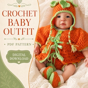 Puede incluir: Un conjunto de bebé tejido a crochet que incluye una chaqueta naranja con capucha temática de calabaza con bordes verdes, patucos a juego en naranja y verde, y un gorro de calabaza con hojas verdes. El texto dice CROCHET BABY OUTFIT, PDF PATTERN.
