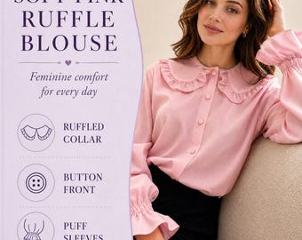 Soft Pink Ruffle Blouse Sewing Pattern | Women's Peter Pan Collar Top | Puff Sleeve PDF Sewing Pattern | Feminine Blouse Pattern XS-XL