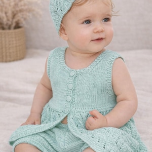 Puede incluir: Un bebé con un conjunto de punto verde azulado claro, que incluye un gorro, una camiseta sin mangas con botones y un pantalón corto. El conjunto de punto tiene un patrón delicado. El bebé está sentado sobre una superficie clara.