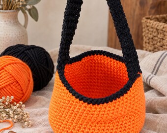 Crochet Basket Pattern PDF, Small Basket Crochet Pattern, Handmade Storage Basket, Orange Black Basket, Crochet Home Decor, Instant Download