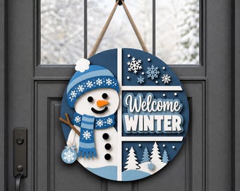 Welcome Winter Door Hanger SVG | Layered Snowman Winter Sign SVG | Round Front Door Decor Laser Cut File | Glowforge xTool LightBurn Cricut