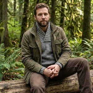 May include: A person wearing a green jacket, gray sweater, and brown pants sits on a log in a forest. The jacket has multiple pockets and a collar. The sweater is a light gray color. The forest has many green trees and ferns.