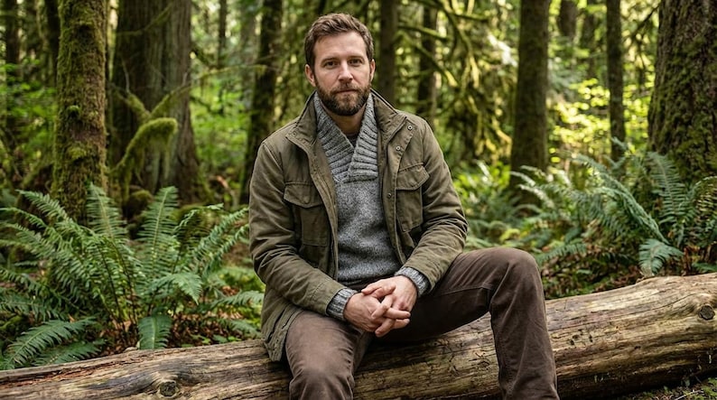 May include: A person wearing a green jacket, gray sweater, and brown pants sits on a log in a forest. The jacket has multiple pockets and a collar. The sweater is a light gray color. The forest has many green trees and ferns.